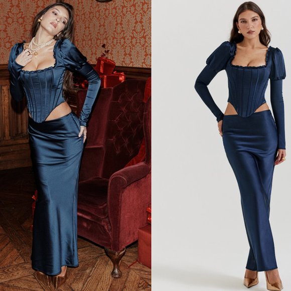 HOUSE OF CB 'Charlene' Navy Satin Bias Cut Maxi Skirt NWOT - Picture 2 of 8